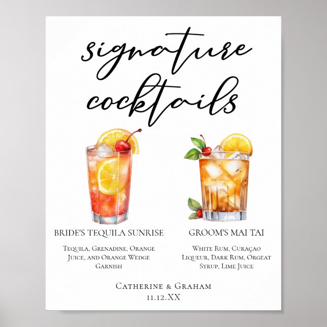 Bride Groom Beach Wedding Signature Cocktails Menu Poster (Front)