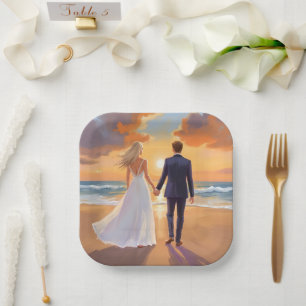 Bride & Groom Beach Wedding Watercolor Paper Plate