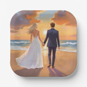 Bride & Groom Beach Wedding Watercolor Paper Plate