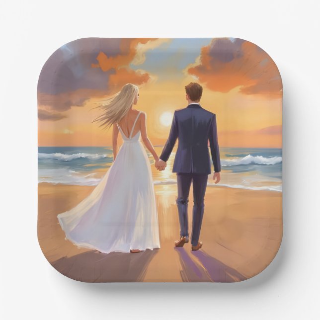 Bride & Groom Beach Wedding Watercolor Paper Plate (Front)