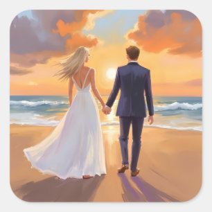 Bride & Groom Beach Wedding Watercolor Square Sticker