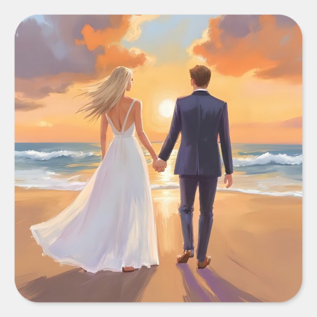 Bride & Groom Beach Wedding Watercolor Square Sticker (Front)