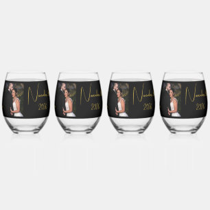 Bride & Groom Black & Gold Personalized Photo Stemless Wine Glass