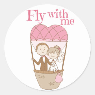 Bride & Groom Brown Pink Hot Air Balloon Wedding Classic Round Sticker