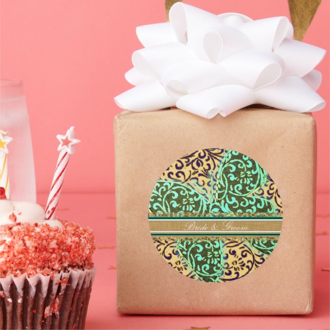 Bride & Groom Butterflies Swirls Green Black White Classic Round Sticker (Party)