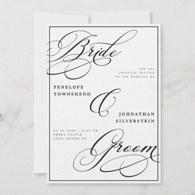 Bride & Groom Calligraphy Black White Wedding Invitation (Front)