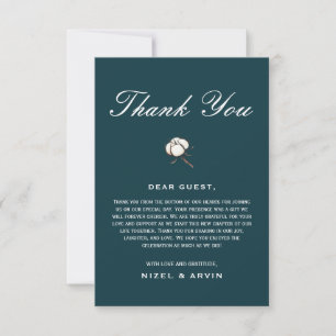 Bride Groom Cotton Deep Green Elegant Wedding Thank You Card