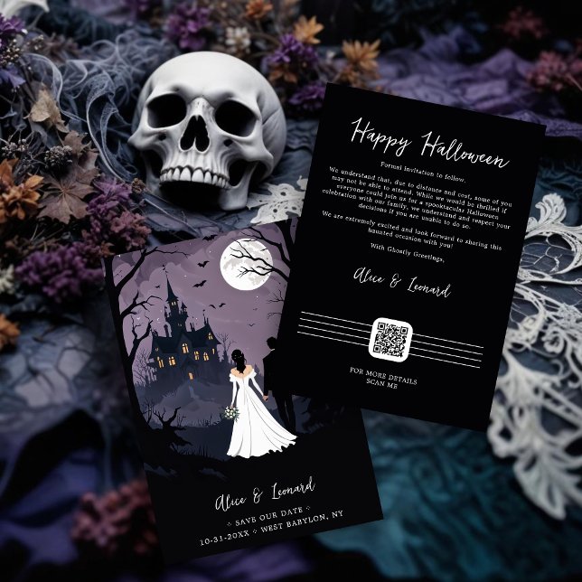 Bride & Groom Creepy Forest Walking Toward Castle Save The Date (Halloween Bride and Groom in Creepy Forest Walking Toward Haunted Castle Save the Dates Cards.)
