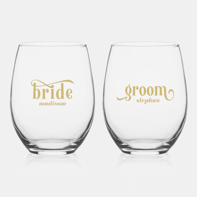 Bride, Groom Elegant Gold Typography Stemless Wine Glass (Front)