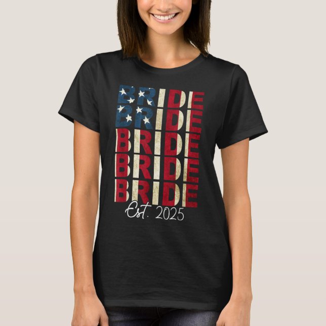 Bride Groom Est. 2025 Us Flag Just Married Couples T-Shirt (Front)