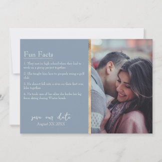 Bride & Groom Facts Photo on Dusty Blue Invitation
