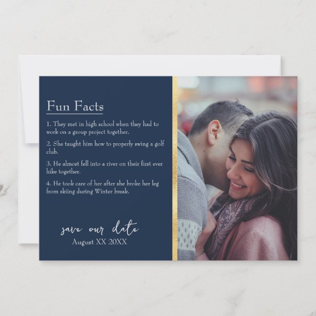 Bride & Groom Facts Photo on Navy Blue Invitation (Front)