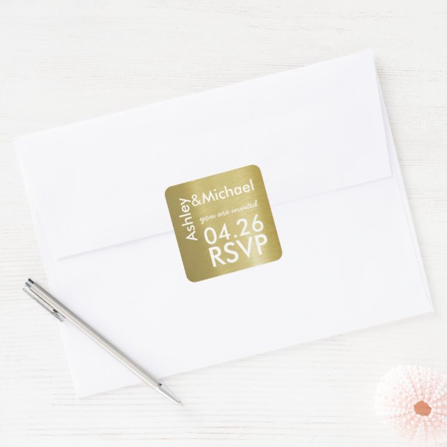 Bride & groom faux gold wedding rsvp  square sticker (Envelope)