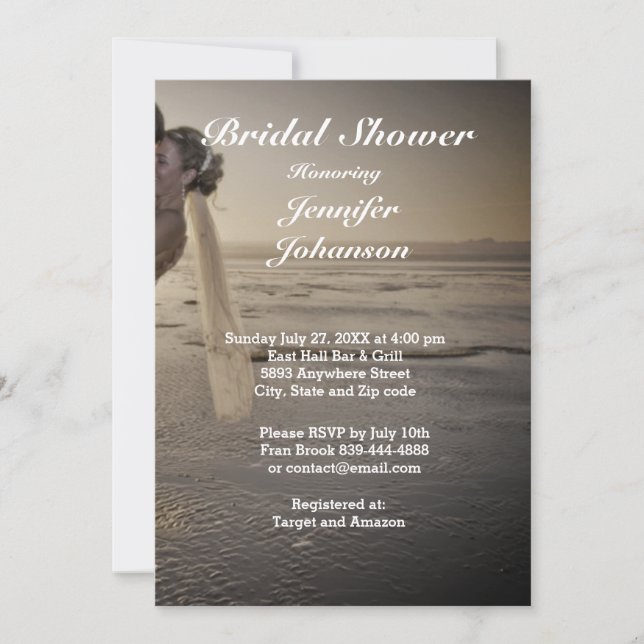 Bride & Groom Greyed Sunset Beach Bridal Shower Invitation (Front)
