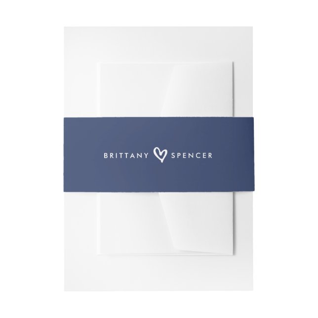 BRIDE & GROOM HEART modern stylish navy blue white Invitation Belly Band (Front Example)