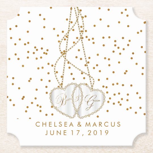 Bride & Groom Hearts with Gold Confetti Dots Paper Coaster