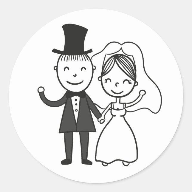 Bride Groom Just Married Wedding Black White Classic Round Sticker (Front)