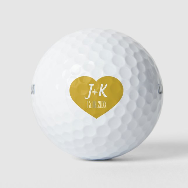 Bride Groom Monogram Gold Heart Golf Balls (Front)