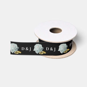 Bride Groom Monogram Wedding White Rose Gold Rings Satin Ribbon