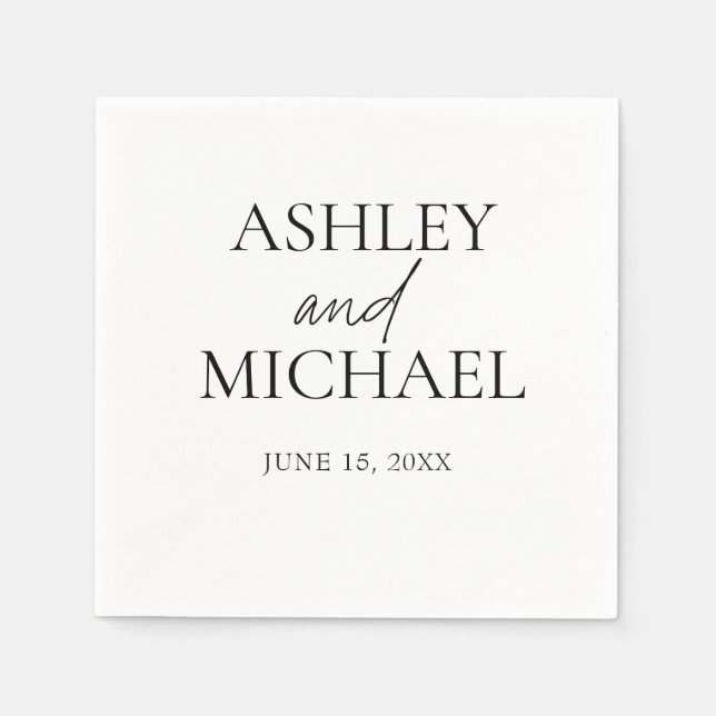 Bride & Groom Name Minimal Black White Script Date Napkin (Front)