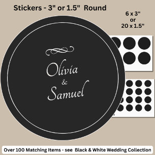 Bride & Groom Names Black White Infinity Scroll, Classic Round Sticker