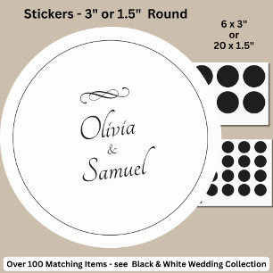 Bride & Groom Names Black White Infinity Scroll, Classic Round Sticker