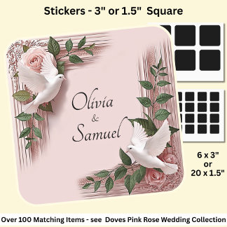 Bride & Groom Names Doves & Pink Roses Square Sticker