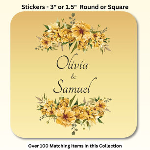 Bride & Groom Names Golden Yellow Flowers Square Sticker