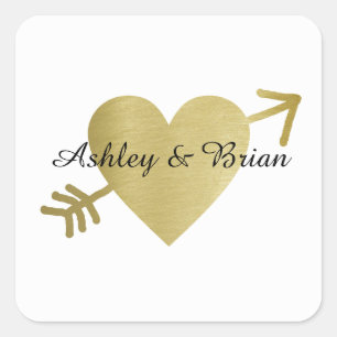 bride & groom names / heart with arrow, wedding square sticker