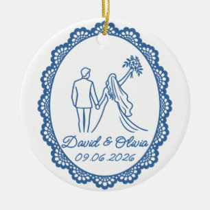 Bride Groom Names & Wedding Date Line Art Ceramic Ornament