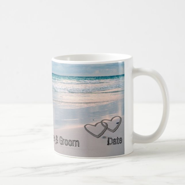 Bride & Groom Names Written in the Sand Coffee Mug (Right)