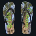Bride Groom Palm Trees Blue Sky Flip Flops<br><div class="desc">Cool Palm Trees with a Pretty Blue Sky Unisex Flip Flops with Bride and Groom written in a nice green colour text on both flip flops, and Date of Marriage in black text. Feel your unity with every step you take. Leave wordig on each flip flop as is Bride and...</div>
