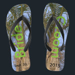 Bride Groom Palm Trees Blue Sky Flip Flops<br><div class="desc">Cool Palm Trees with a Pretty Blue Sky Unisex Flip Flops with Bride and Groom written in a nice green colour text on both flip flops, and Date of Marriage in black text. Feel your unity with every step you take. Leave wordig on each flip flop as is Bride and...</div>