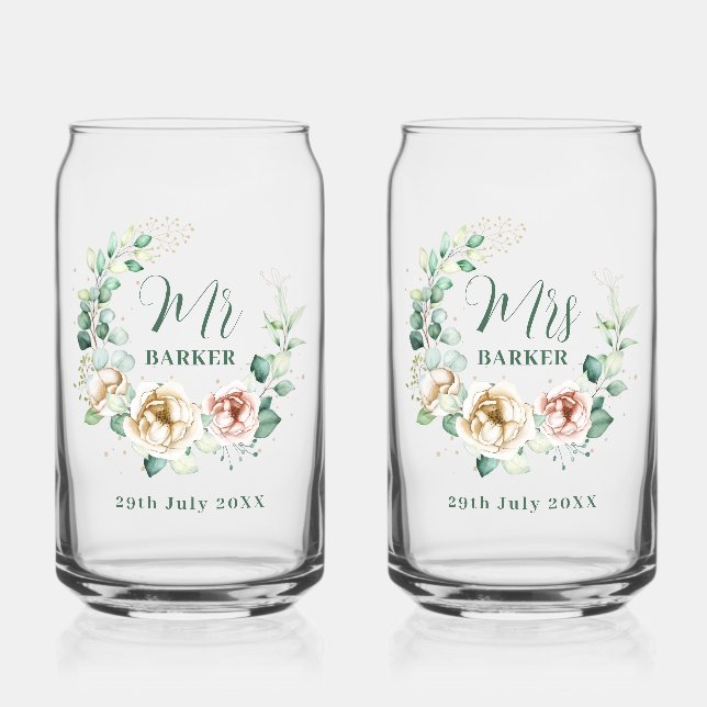 Bride & Groom Personalized Mr & Mrs  Floral Can Glass (Front)