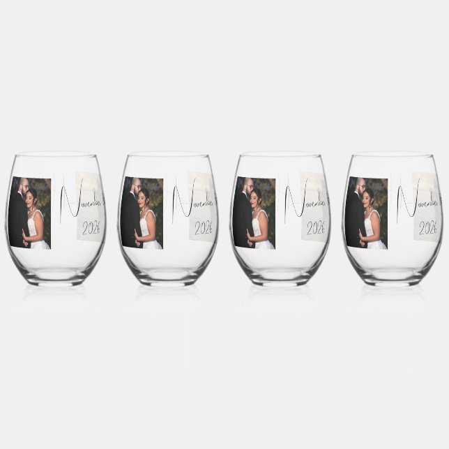 Bride & Groom Personalized Photo Stemless Wine Glass (Back)