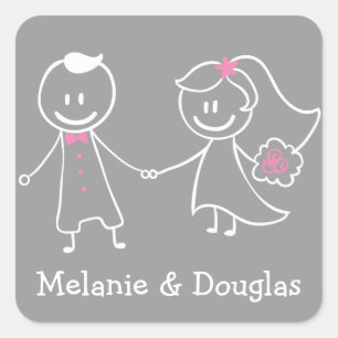 Bride & Groom Pink & Grey Wedding Announcement Square Sticker