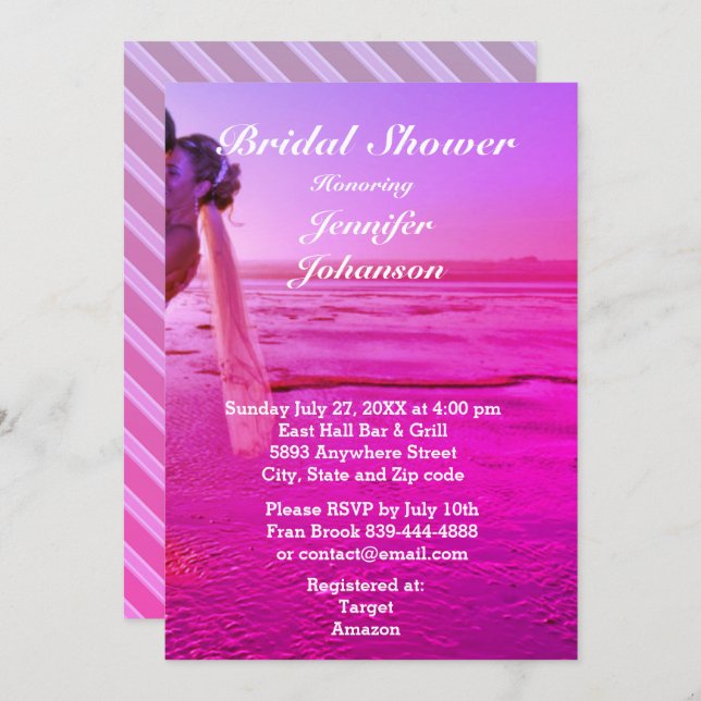 Bride & Groom Purple Sunset Beach Bridal Shower Invitation (Front/Back)