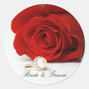 Bride & Groom Round Stickers with red Rose