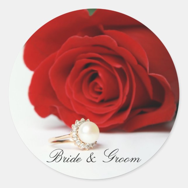Bride & Groom Round Stickers with red Rose (Front)