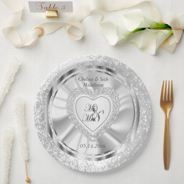Bride & Groom Satin and Silver Wedding Paper Plate (Wedding)