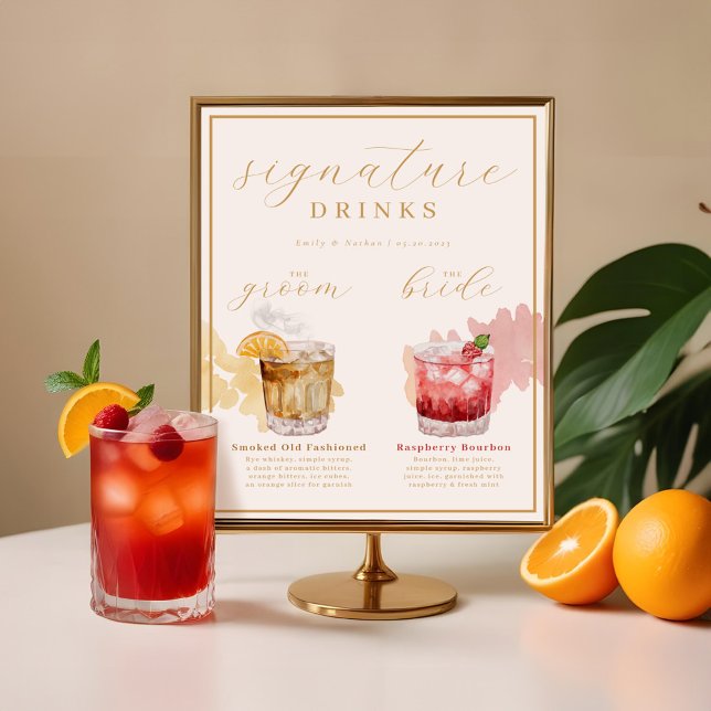 Bride & Groom Signature Drinks Watercolor Cocktail Poster (Bride & Groom Signature Drinks Watercolor Cocktail Poster)