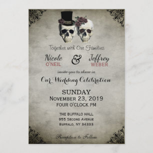 Bride & Groom Skull Goth Rustic Wedding Invitation