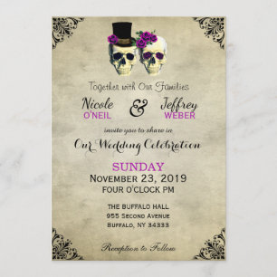Bride & Groom Skull Goth Rustic Wedding Purple Invitation