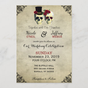 Bride & Groom Skull Goth Rustic Wedding Red Invitation