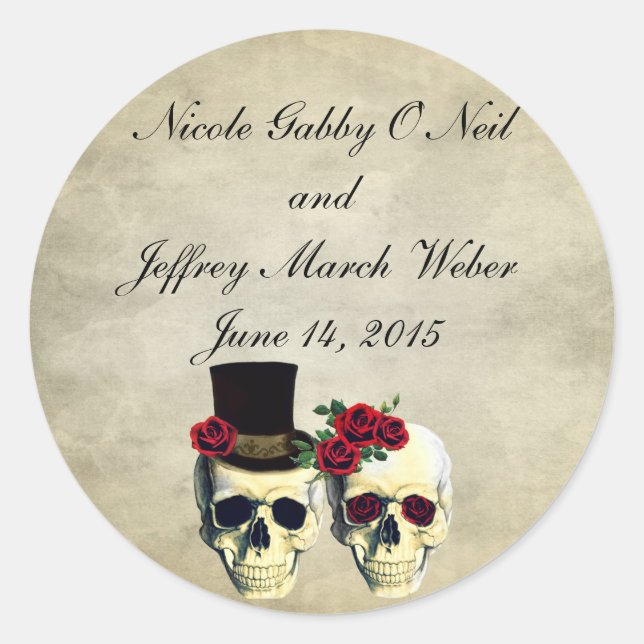 Bride & Groom Skull Wedding Classic Round Sticker (Front)