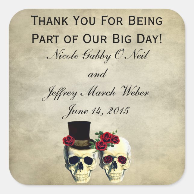 Bride & Groom Skull Wedding Square Sticker (Front)