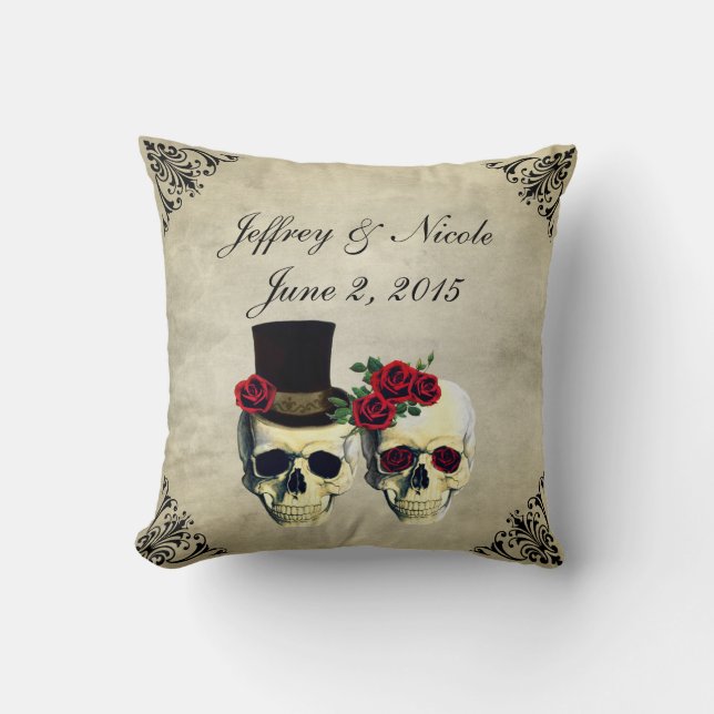 Bride & Groom Skull Wedding Throw Pillow (Front)