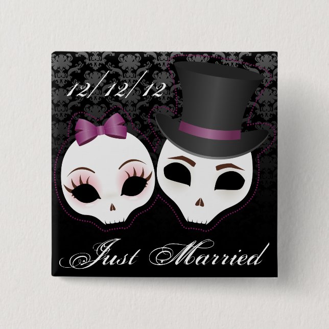 Bride & Groom Skullies (Violet) 2 Inch Square Button (Front)