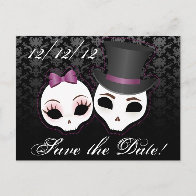 Bride & Groom Skullies (Violet) Save the Date Announcement Postcard (Front)
