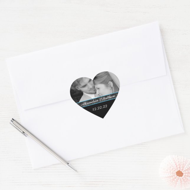 Bride & Groom Sticker Your Photo Blue Trim (Envelope)